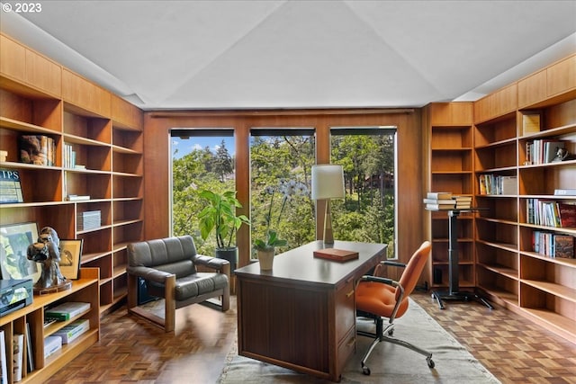 office area with lofted ceiling and dark parquet flooring