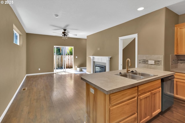 2622 Princeton Pl, Forest Grove, OR 97116 - kitchen featuring dishwasher, a sink, a ceiling fan, a fireplace, and open floor plan