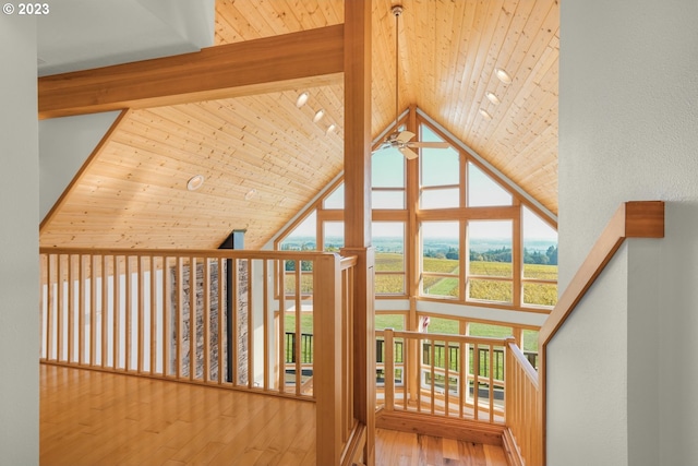 22000 SE Upper Matthews Creek Ln, Amity, OR 97101 - interior space featuring ceiling fan, beam ceiling, high vaulted ceiling, wooden ceiling, and light hardwood / wood-style flooring