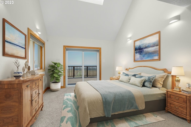 22000 SE Upper Matthews Creek Ln, Amity, OR 97101 - carpeted bedroom featuring high vaulted ceiling and access to outside