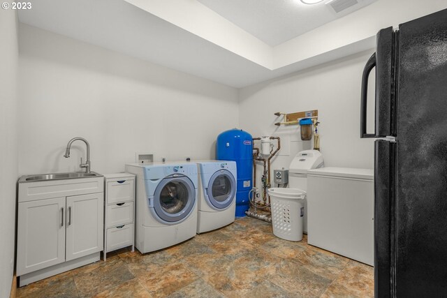 22000 SE Upper Matthews Creek Ln, Amity, OR 97101 - washroom with washer hookup, sink, tile flooring, cabinets, and separate washer and dryer