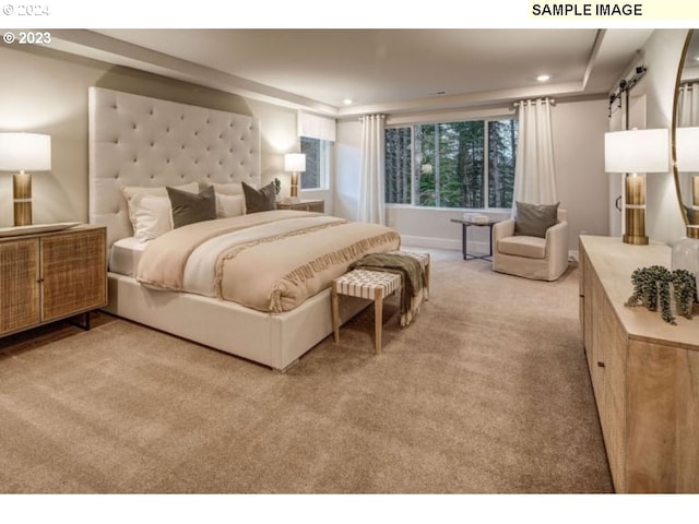 bedroom with light carpet and a barn door