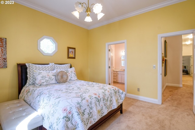 bedroom with crown molding, connected bathroom, light colored carpet, and ceiling fan with notable chandelier