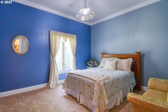 bedroom with crown molding and light colored carpet