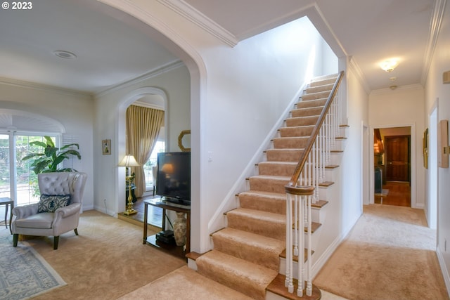 stairs featuring light carpet and crown molding