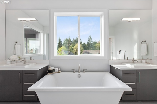 bathroom featuring dual vanity, a bathing tub, and a healthy amount of sunlight