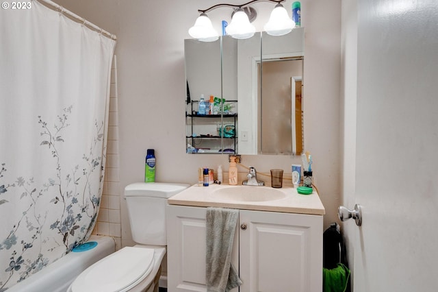 full bathroom featuring tile walls, toilet, vanity, and shower / bath combo with shower curtain