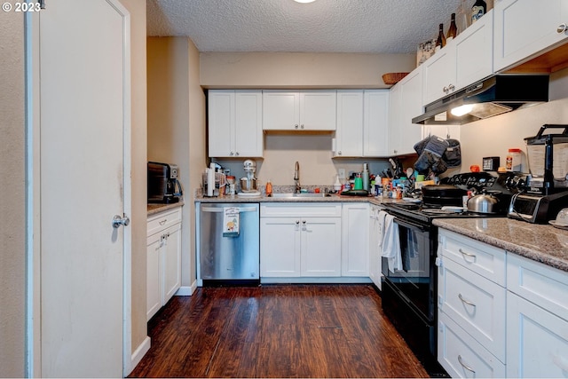 kitchen with white cabinetry, stainless steel dishwasher, dark wood-type flooring, and black electric range