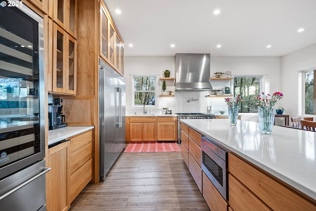 kitchen with sink, built in appliances, wall chimney exhaust hood, hardwood / wood-style flooring, and a wealth of natural light