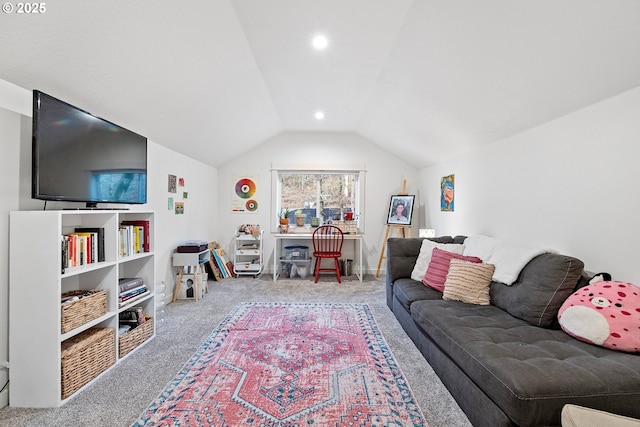 carpeted living room featuring vaulted ceiling and recessed lighting
