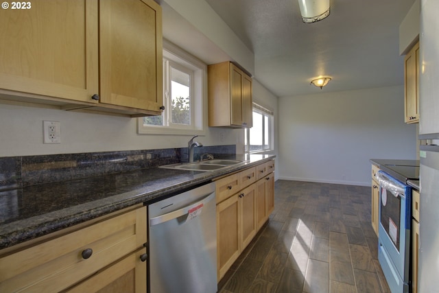 kitchen with light brown cabinetry, appliances with stainless steel finishes, dark hardwood / wood-style floors, and sink