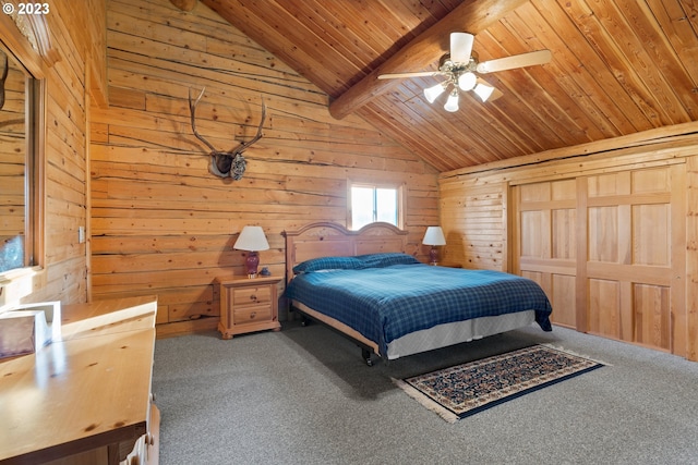 bedroom featuring carpet floors, wooden walls, ceiling fan, wood ceiling, and lofted ceiling with beams