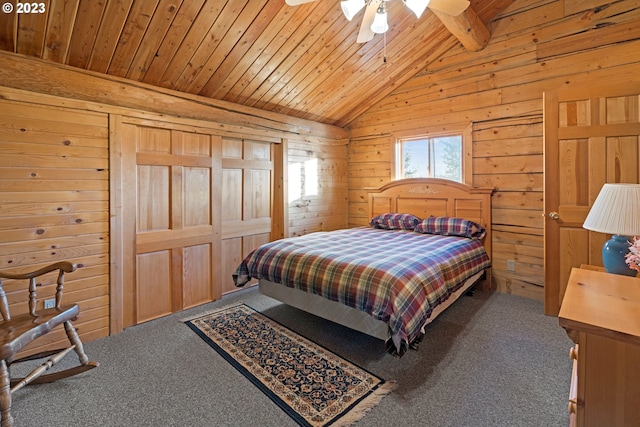 carpeted bedroom featuring wooden ceiling, ceiling fan, vaulted ceiling with beams, and wooden walls