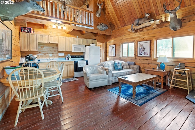 living room featuring high vaulted ceiling, dark hardwood / wood-style floors, wood ceiling, and wood walls