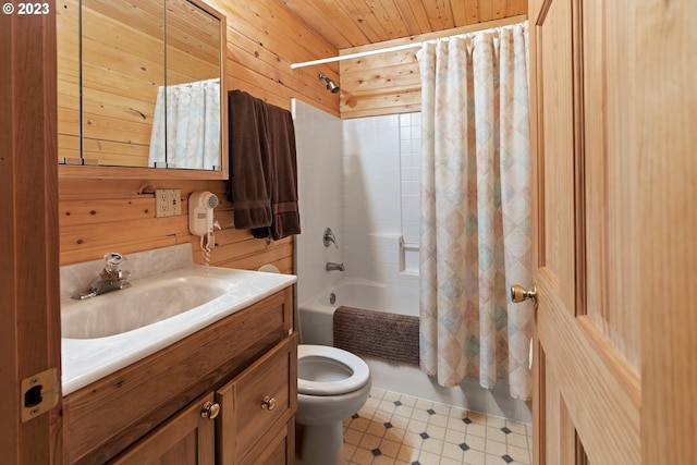 full bathroom with toilet, shower / bath combo, wood ceiling, vanity with extensive cabinet space, and tile floors