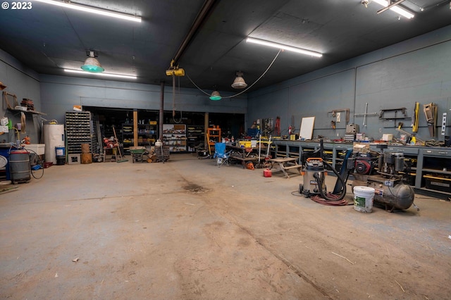 garage with a workshop area