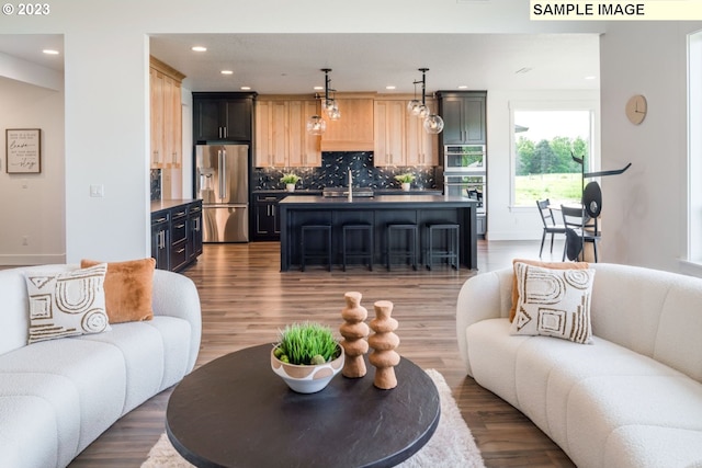 living room with sink and dark hardwood / wood-style flooring