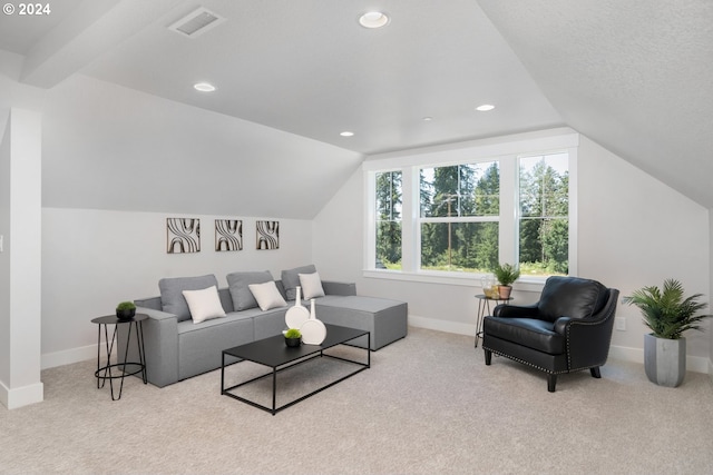 carpeted living room featuring a textured ceiling and lofted ceiling