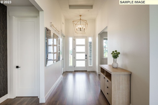 entryway with a chandelier and dark hardwood / wood-style floors