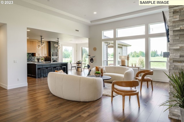 living room with a high ceiling, dark wood-type flooring, and a fireplace