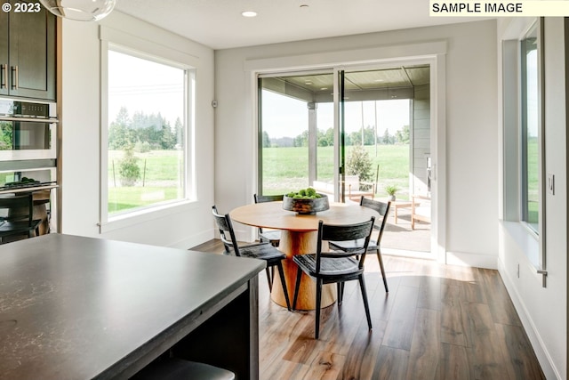 dining space with hardwood / wood-style flooring