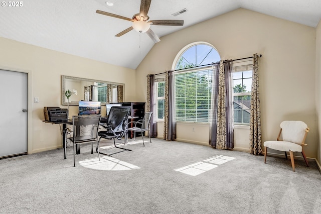 2940 Robinwood Dr, Forest Grove, OR 97116 - carpeted home office featuring ceiling fan, lofted ceiling, and baseboards