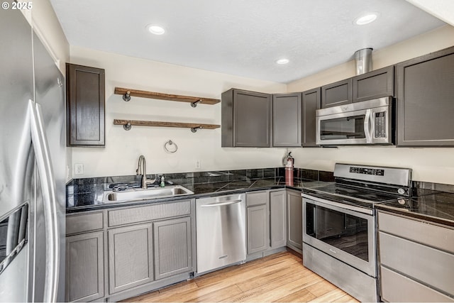 2940 Robinwood Dr, Forest Grove, OR 97116 - kitchen with stainless steel appliances, a sink, open shelves, gray cabinets, and light wood-type flooring