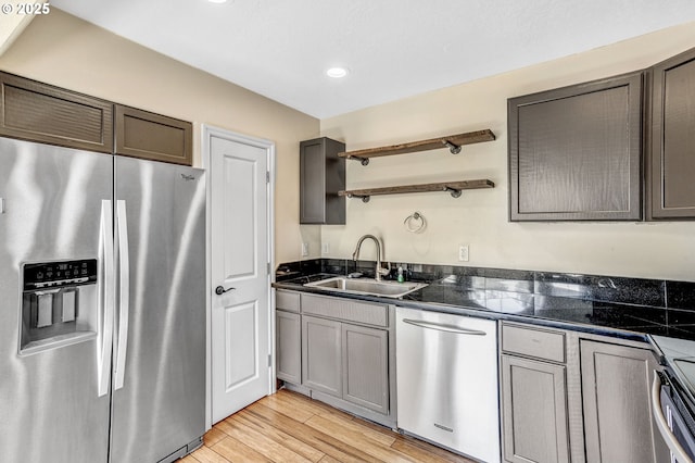 2940 Robinwood Dr, Forest Grove, OR 97116 - kitchen with stainless steel appliances, open shelves, dark countertops, a sink, and light wood finished floors