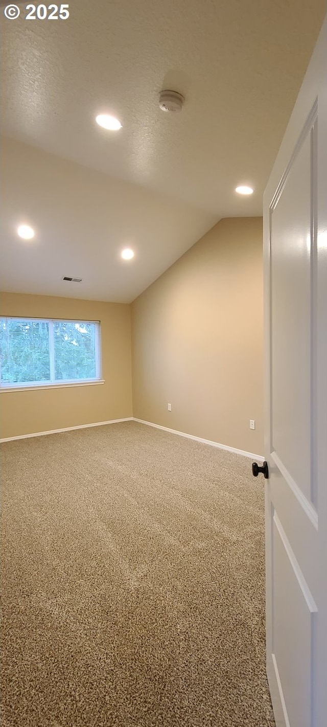 carpeted spare room featuring lofted ceiling and a textured ceiling