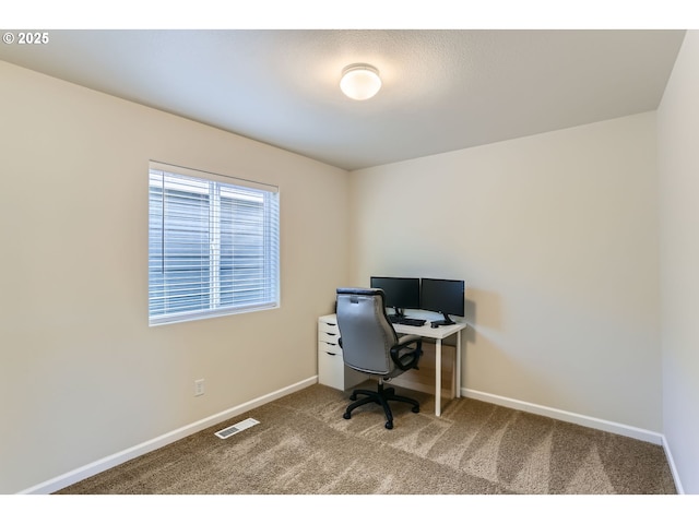 office area featuring baseboards, carpet, and visible vents