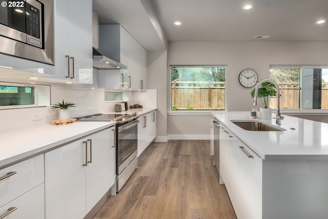 kitchen with sink, appliances with stainless steel finishes, light hardwood / wood-style flooring, and white cabinetry