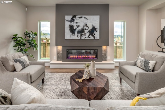 living room with a healthy amount of sunlight, wood-type flooring, and a fireplace