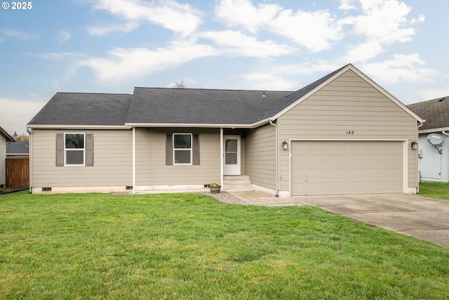 ranch-style house with a shingled roof, a front lawn, entry steps, a garage, and driveway