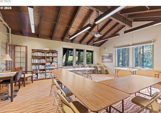7730 SW Barnes Rd Unit B, Portland, OR 97225 - dining room with wooden ceiling, high vaulted ceiling, and beam ceiling