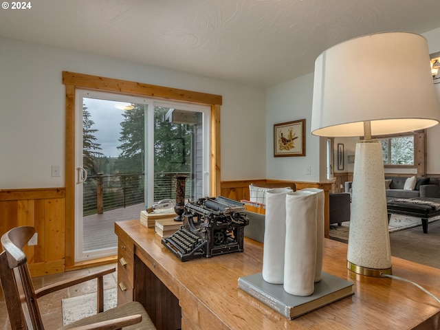 interior space featuring wooden walls