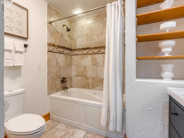 full bathroom with toilet, vanity, shower / bathtub combination with curtain, and tile patterned flooring