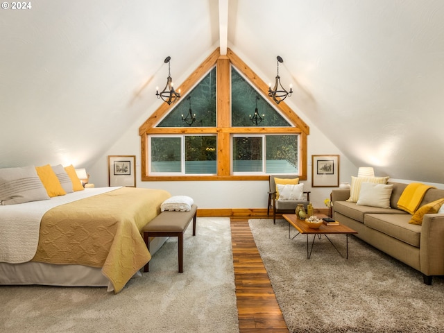 bedroom featuring lofted ceiling with beams, hardwood / wood-style flooring, and an inviting chandelier