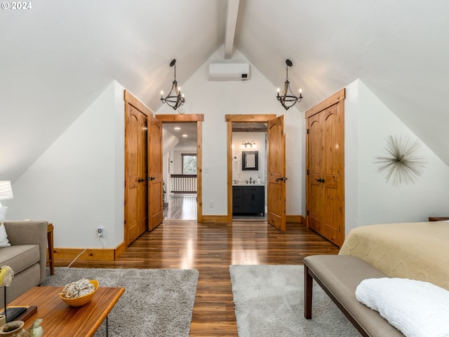 bedroom with lofted ceiling with beams, dark wood-type flooring, a notable chandelier, and a wall unit AC