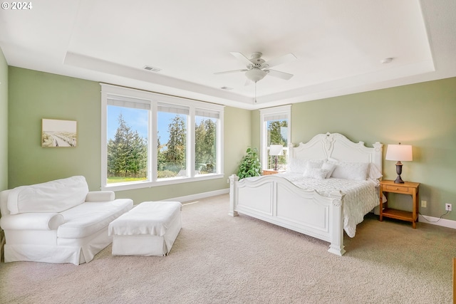 carpeted bedroom featuring a raised ceiling and ceiling fan