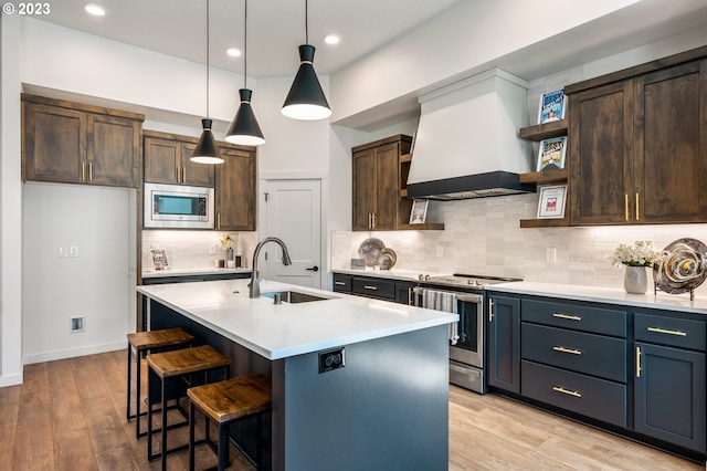 kitchen featuring stainless steel appliances, premium range hood, a sink, light countertops, and open shelves