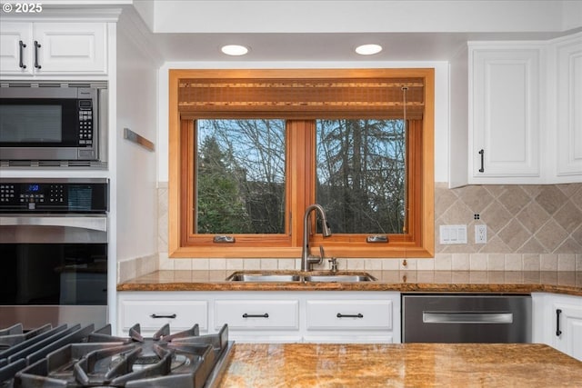 kitchen featuring stone countertops, a sink, stainless steel appliances, white cabinetry, and tasteful backsplash