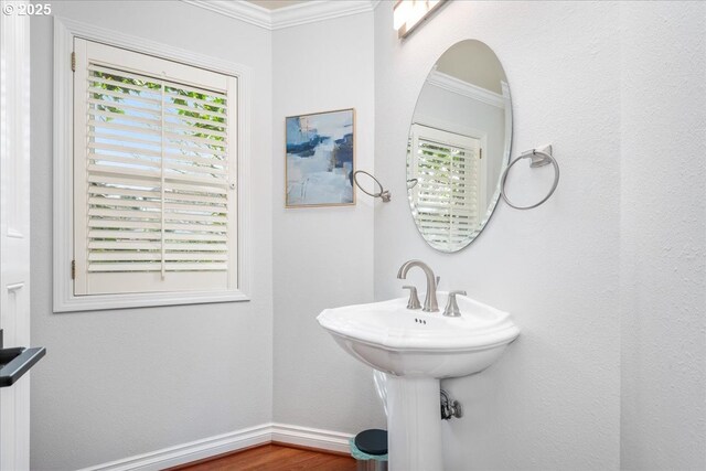 bathroom with baseboards, a healthy amount of sunlight, wood finished floors, and crown molding