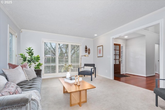 carpeted living area with baseboards, recessed lighting, a textured ceiling, and ornamental molding
