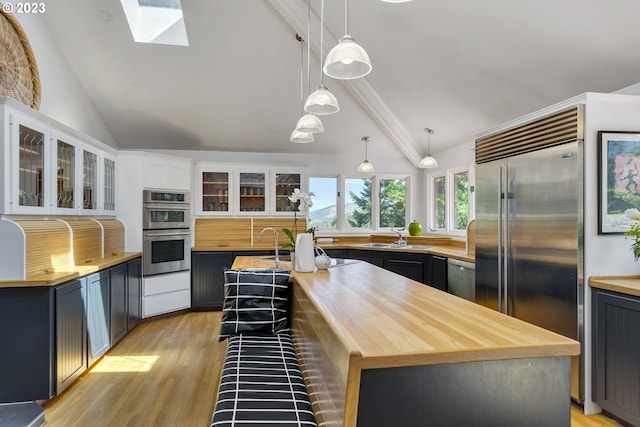 kitchen featuring an island with sink, a skylight, light hardwood / wood-style floors, and stainless steel appliances