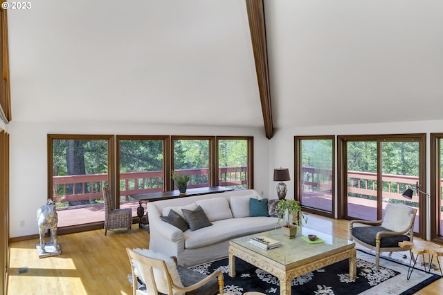 living room with lofted ceiling with beams, light hardwood / wood-style floors, and a healthy amount of sunlight