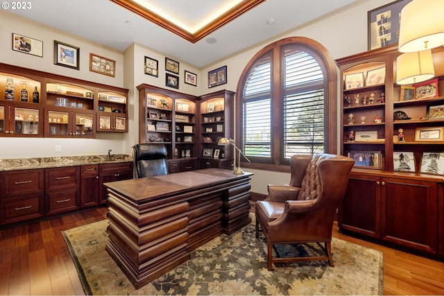 office space with sink and dark hardwood / wood-style flooring