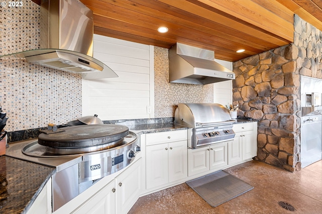 kitchen featuring dark stone countertops, white cabinetry, wall chimney exhaust hood, and wooden ceiling