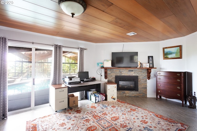 33423 Timber Ln, Eugene, OR 97405 - office with wood ceiling, crown molding, a fireplace, and wood finished floors