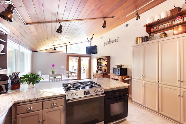 33423 Timber Ln, Eugene, OR 97405 - kitchen with stainless steel appliances, rail lighting, wooden ceiling, open shelves, and french doors