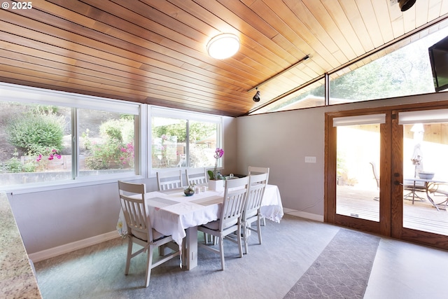 33423 Timber Ln, Eugene, OR 97405 - dining room with wood ceiling, lofted ceiling, french doors, and rail lighting